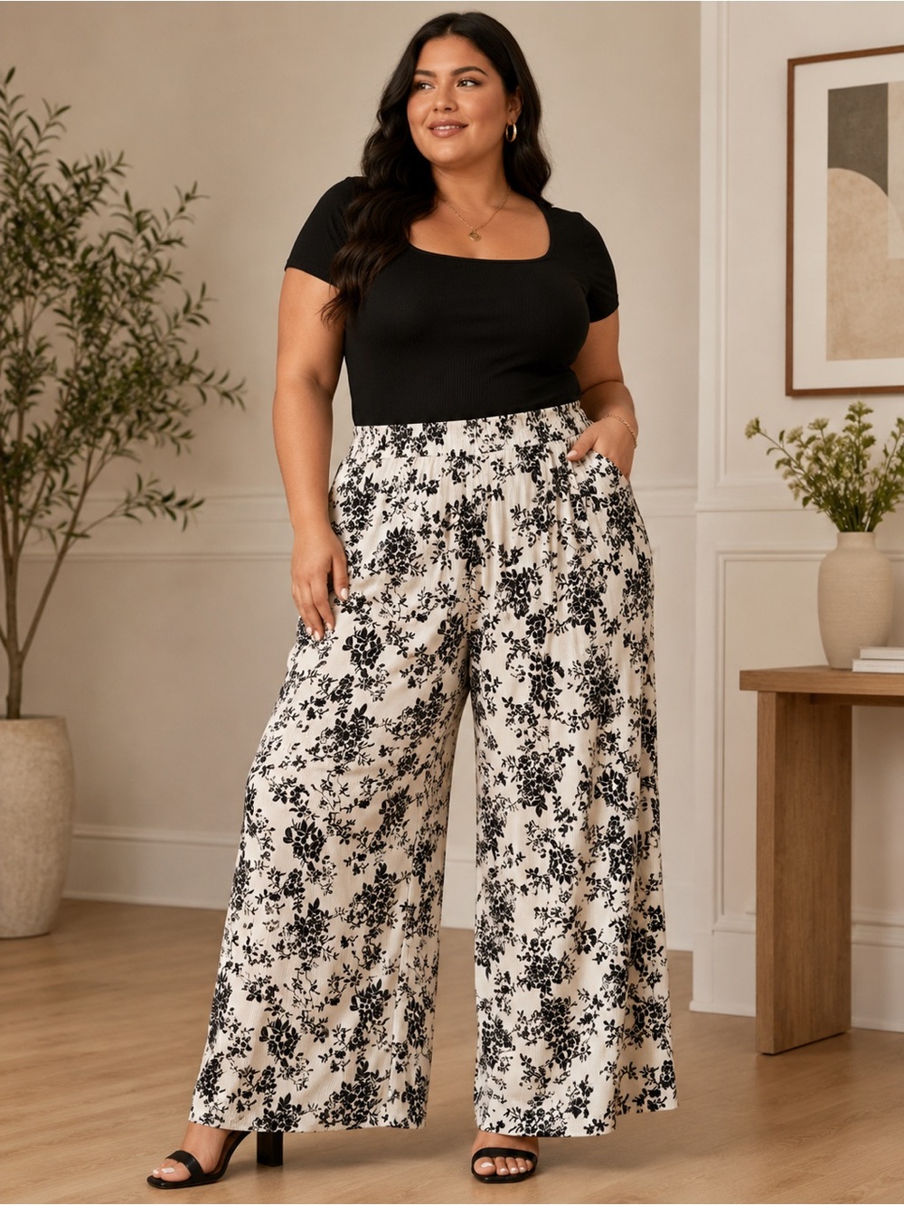 Cider 1XL Ivory Black Floral Wide Leg Pull On Pants